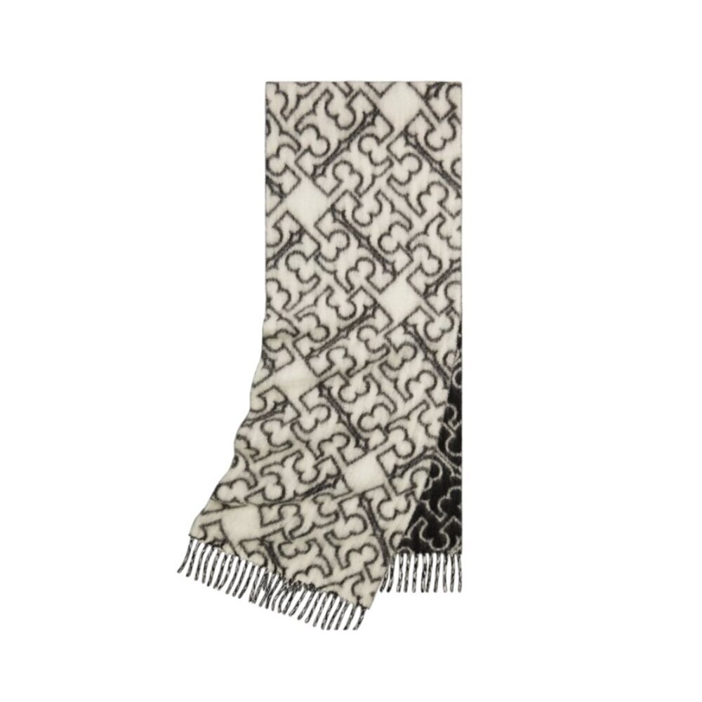 Tory Burch Puzzle Logo Scarf Shawl Reversible Womens Black Ivory Alpaca Wool